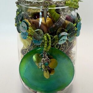 Green and Gold Jewelry Jar with Beaded Accents